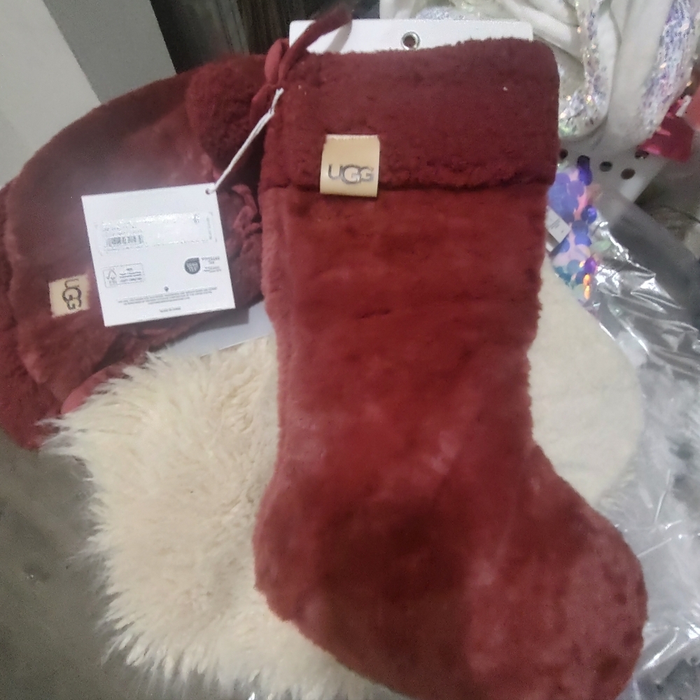 UGG Burgundy Plush Holiday Stocking  and tree skirt